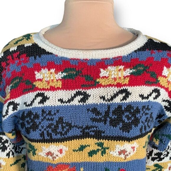 Vintage 90s Dark Floral Knit Sweater Oatmeal Red Stripe Crewneck Oversized Small - Picture 1 of 11